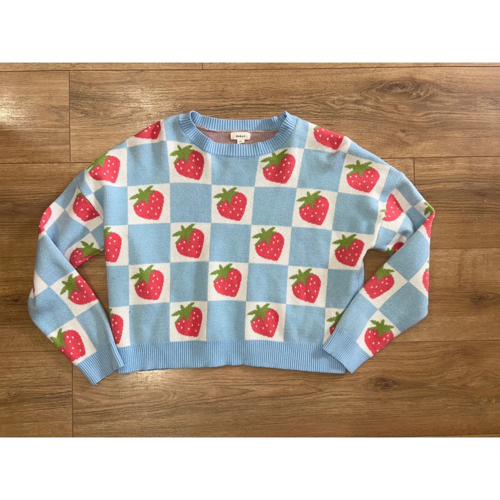 Strawberry Checkerboard Knit Sweater‎ Women Blue Pink Long Sleeve Cropped Size M